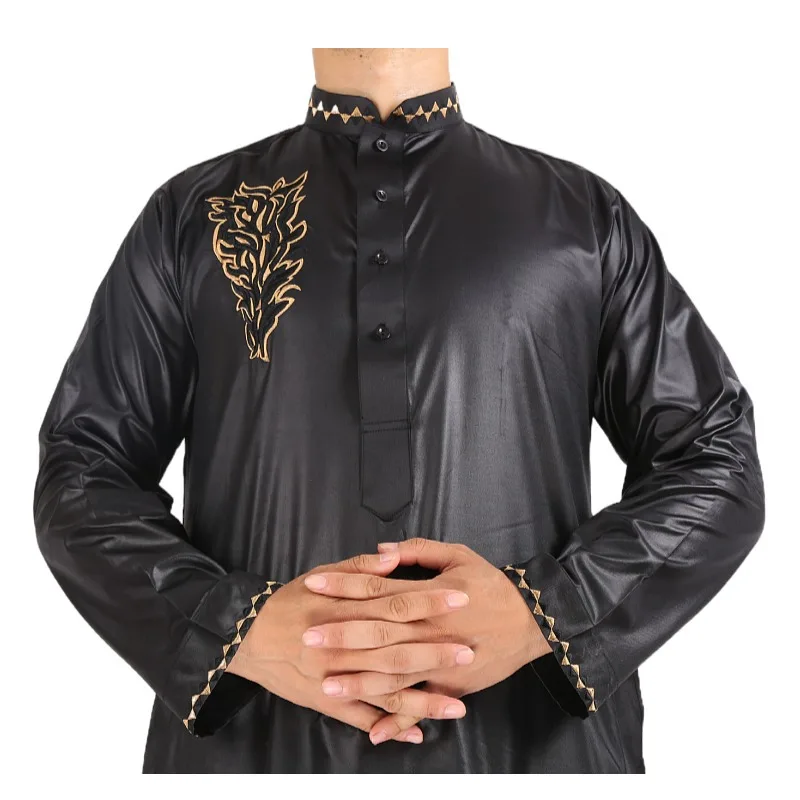 Mens Thobe New Bright Polyester Arab Robes Stand Collar Embroidered Leisure Islamic Dress Thobe Wholesale Jubba Thobe For Men