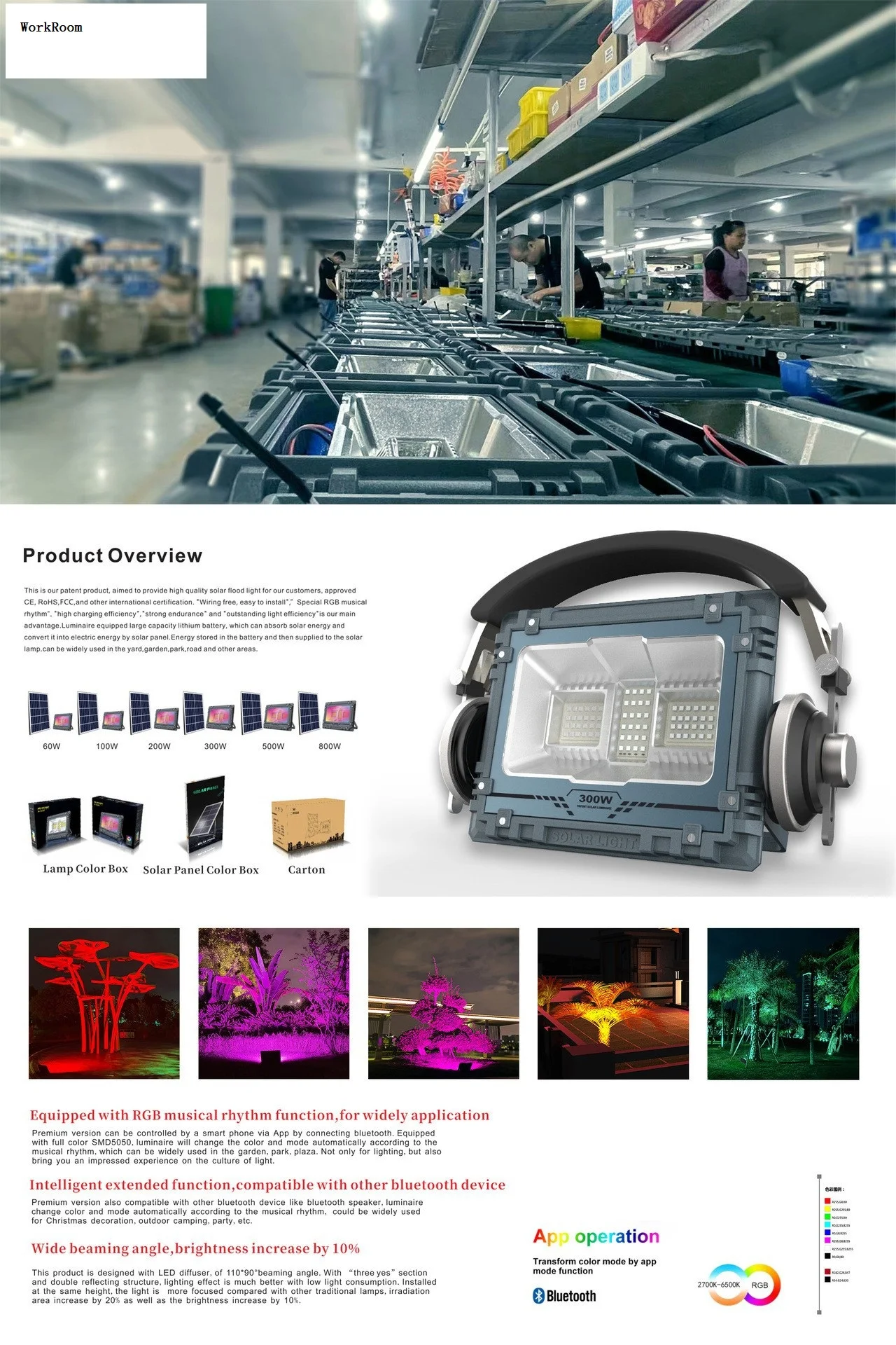 APP CTRL 60W 100W 200W 300W 500W 800W Dream Color LED Solar IP67 Waterproof Flood Light for Park Plaza Garden Yard Landscape