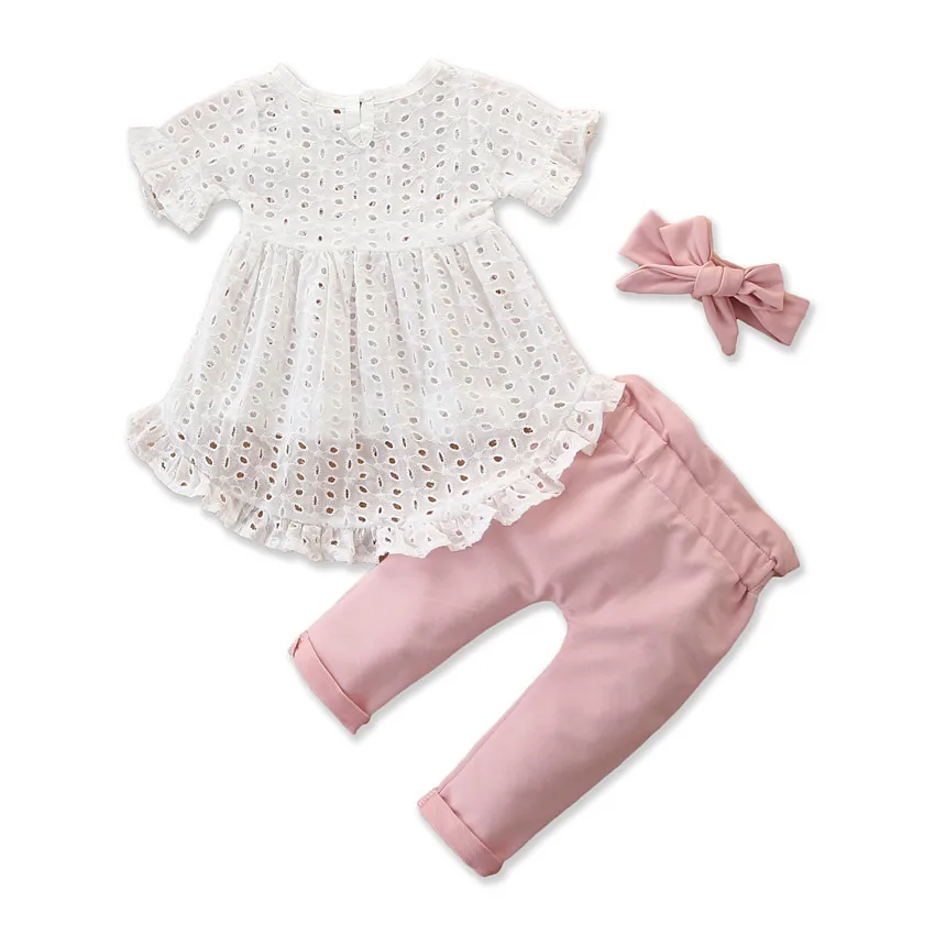 
3Pcs Trousers Headband Outfit Set Newborn Kid Baby Girl Clothes Lace Top T-Shirt Pants Short Sleeve Bowknote Pants Outfit 0-24M 
