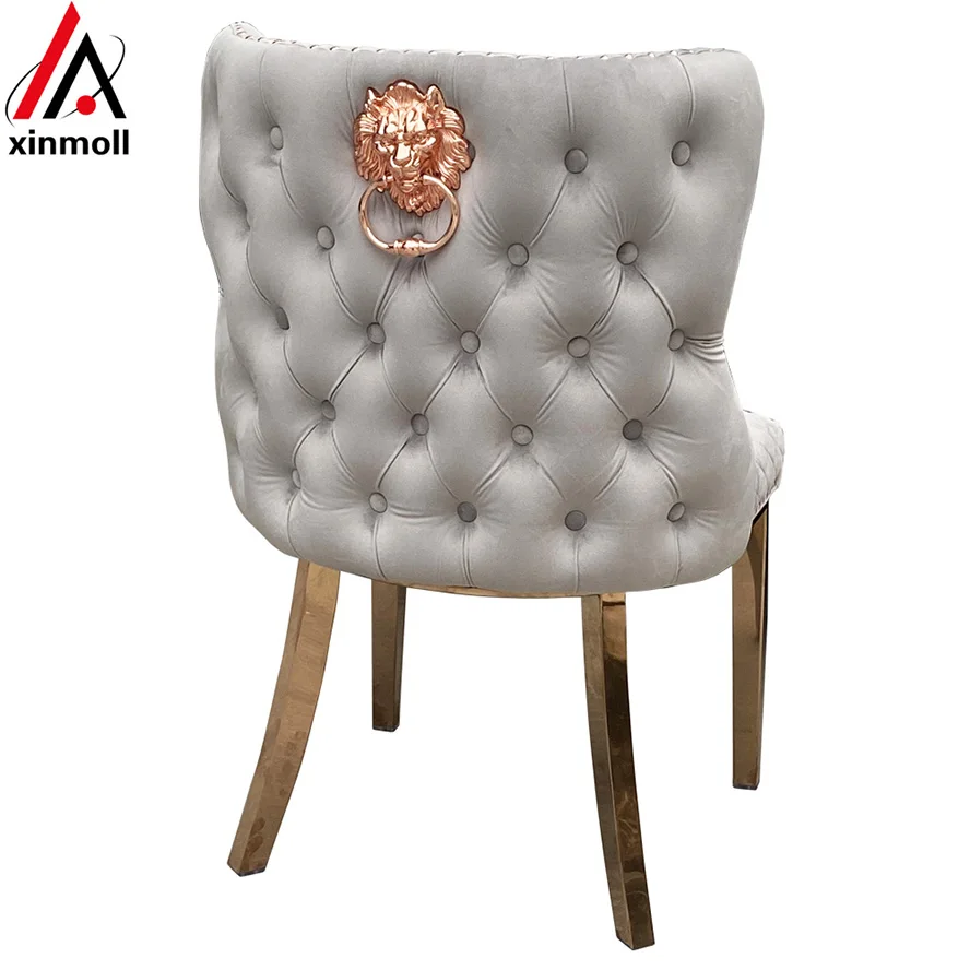 Luxury Salon chair stainless steel Velvet Upholstered Wing-Back Dining Chair with stitching Nailhead Trim & gold chrome legs