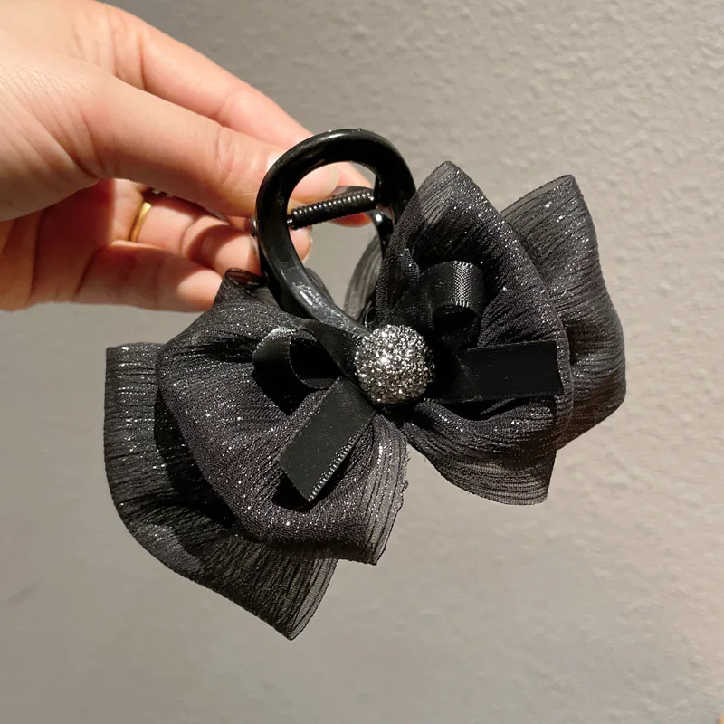 Bright Silk Bow Gauze Hair Clip Temperament All-match Hair Claw Clips Shark Clip Girls And Women Hair Accessories