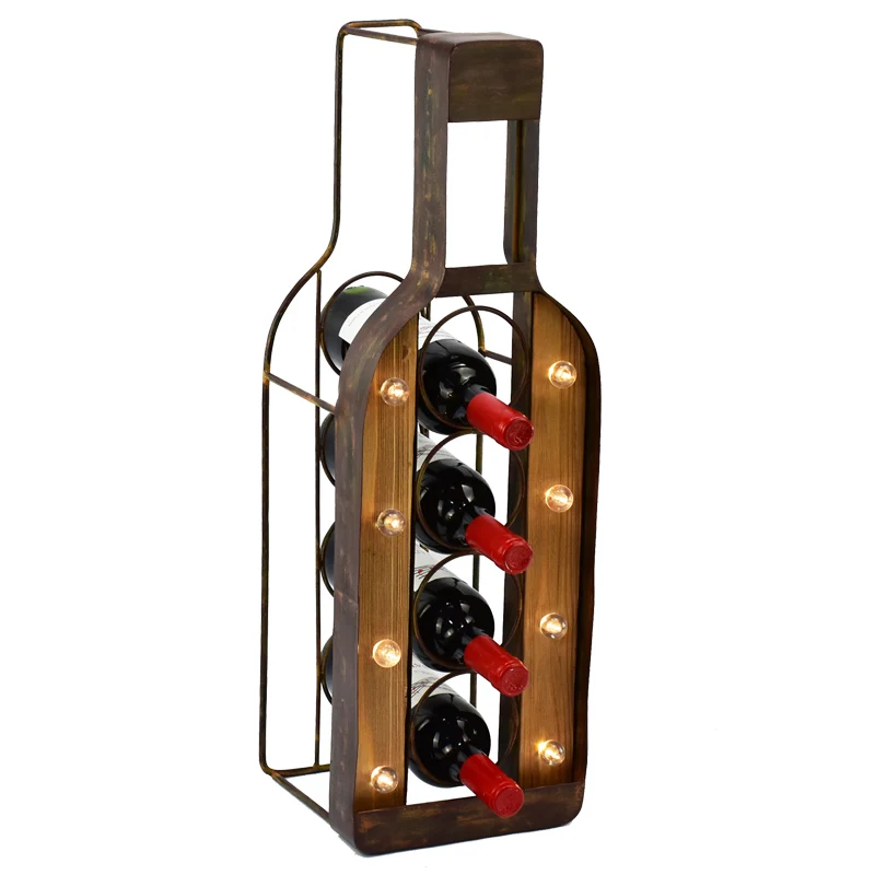 Metal LED Wine Bottle Shape Wine Display Rack Countertop Wooden Wine Storage Racks