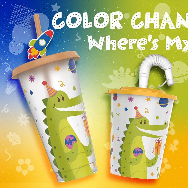 250ml 350ml 420ml colour changing drink cartoon animal character plastic smoothie kid cup with lid and straw