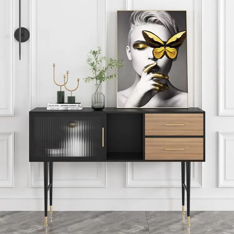 Living Room Furniture Tv Console Table Modern Storage Cabinet Metallic Sideboard With Ribbed Glass