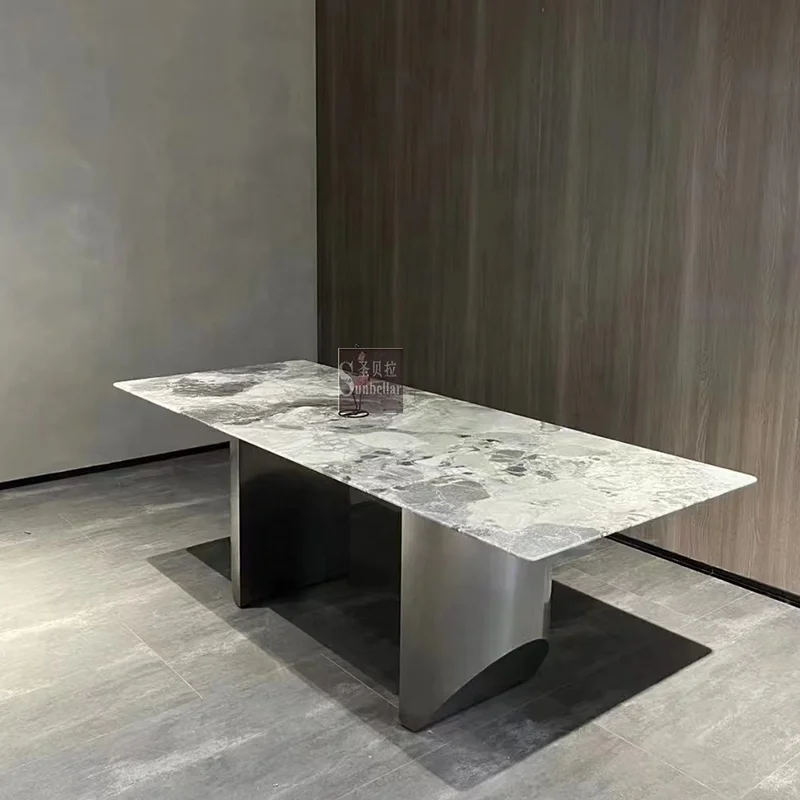 Luxury metal dining table unique shape dining table designs marble top long sintered stone rock dinner table villa house garden