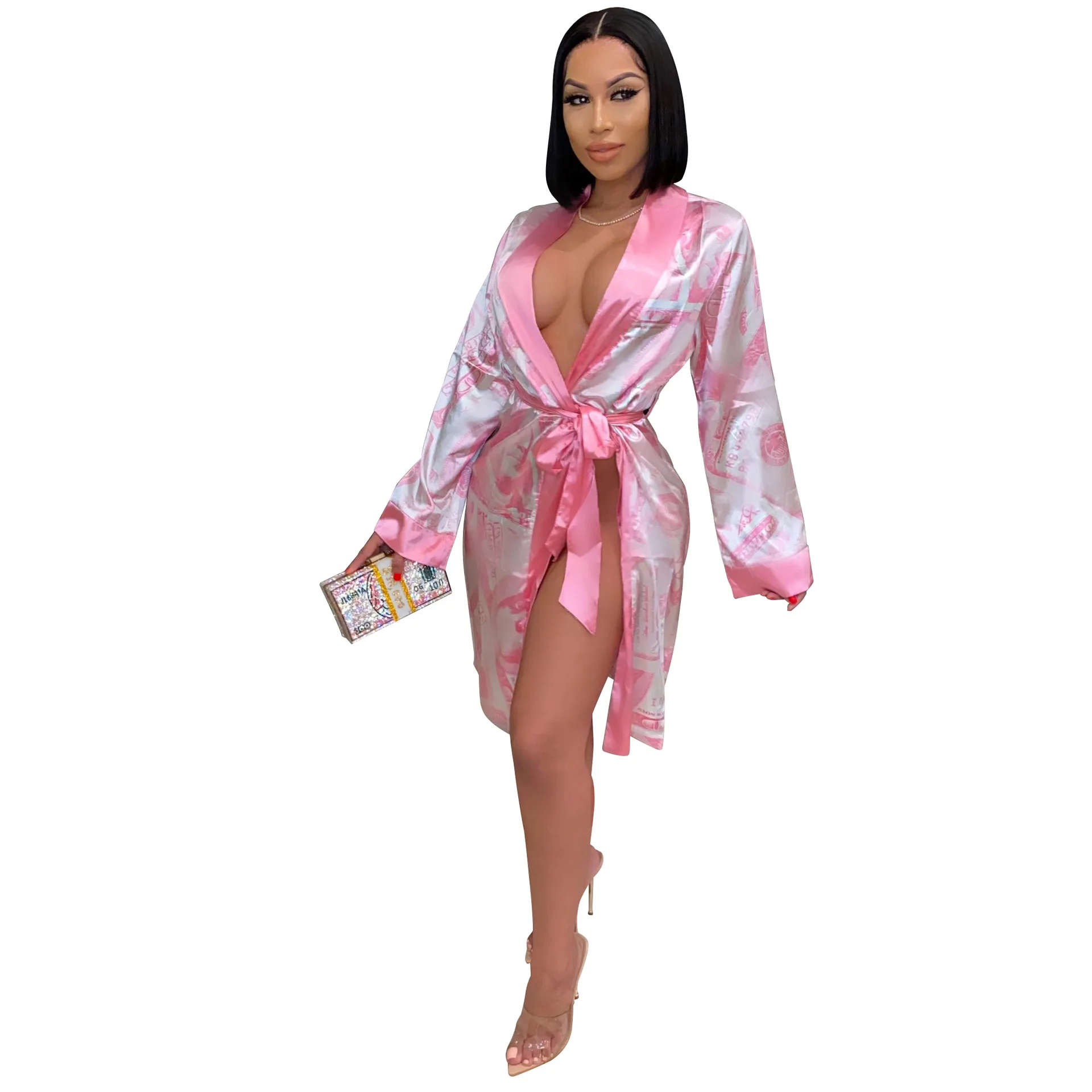 JF Accappatoio Poncho Adulti Night Wear New Style Summer Sexy Satin Robe Sets Short Sleeve Above Knee Dress Nightgown Pajamas