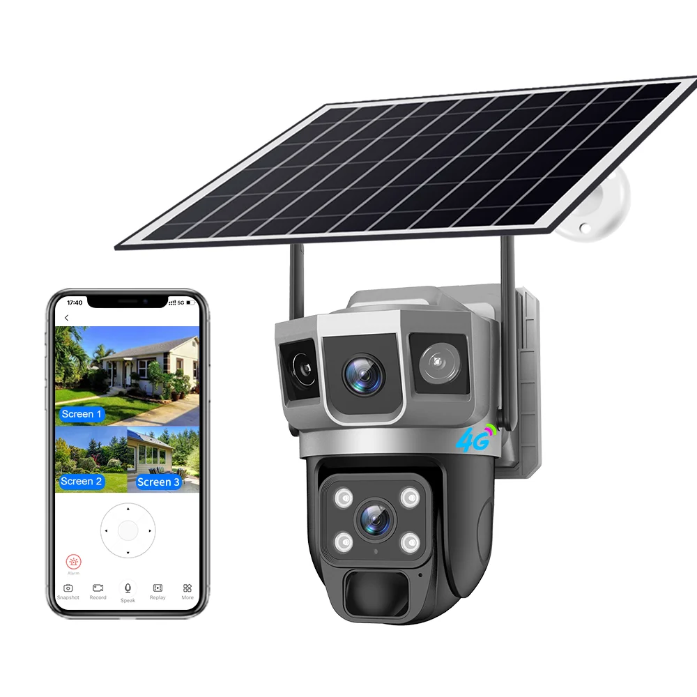 V380pro AOV 3 screens 4MP Solar Battery Powered Camera Solar Power Outdoor CCTV 4G Network PTZ Dual Lens 3 Screens Camera