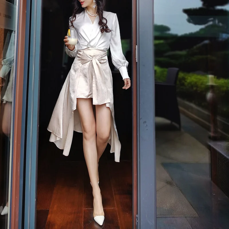 All-match color summer skirt custom-made luster shiny mid-knotted design skirt