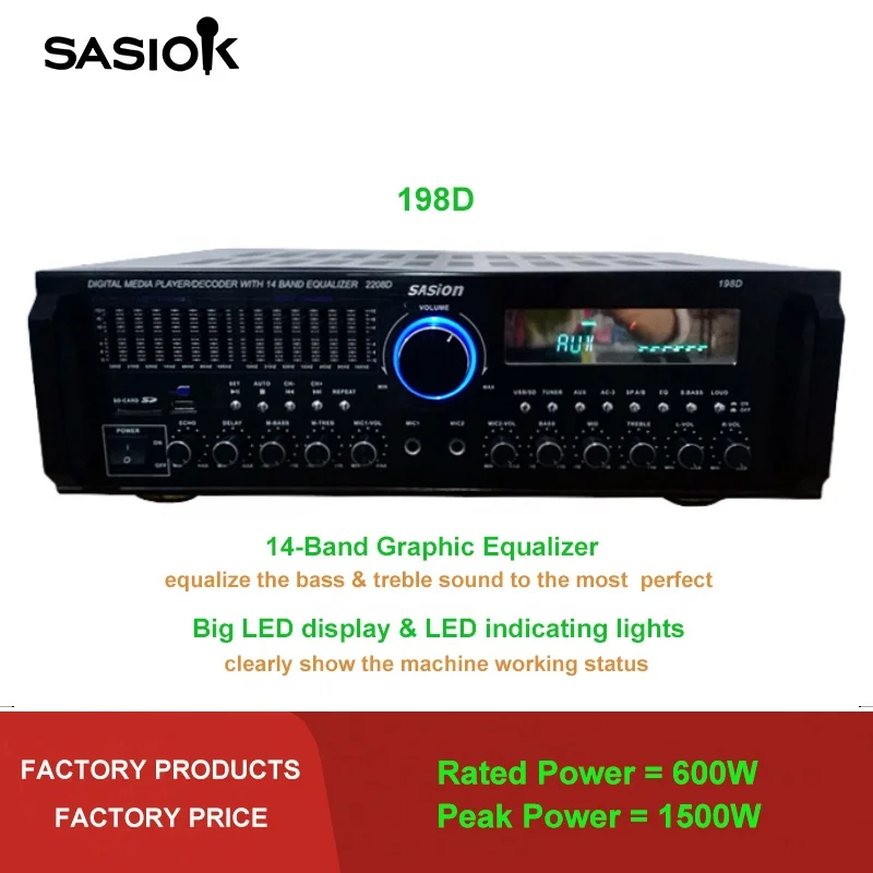 14-Band EQ Mic echo/delay 198D BT/USB/SD/MMC/AUX audio input stereo blue-tooth karaoke amplifier speaker Professional FM/LED.