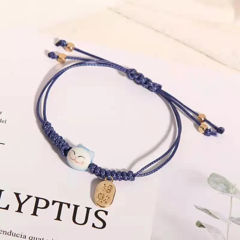 Cute ceramic cat braided rope bracelet Hand-woven lucky cat strings