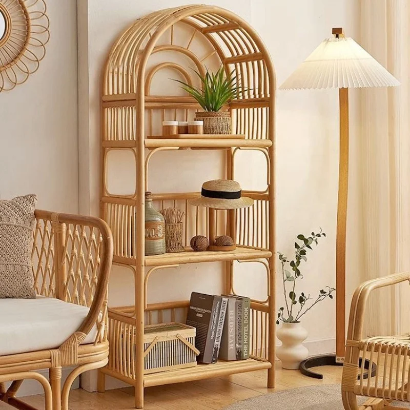 Modern simple household floor type multi-layer book storage rack rattan woven multi-purpose storage rack