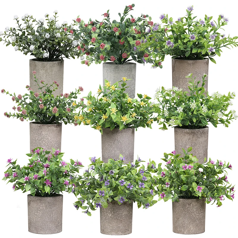 Artificial Flowers Mini Potted Artificial Plants Plastic Eucalyptus Greenery in Pots for Home Office Desk Decor