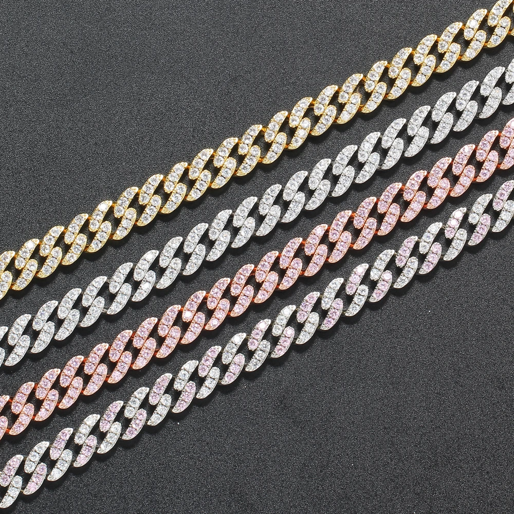 BC003 8mm Brass setting Zircon Cuban link Chain Necklace Hip hop Jewelry Bling CZ Chain Iced Out