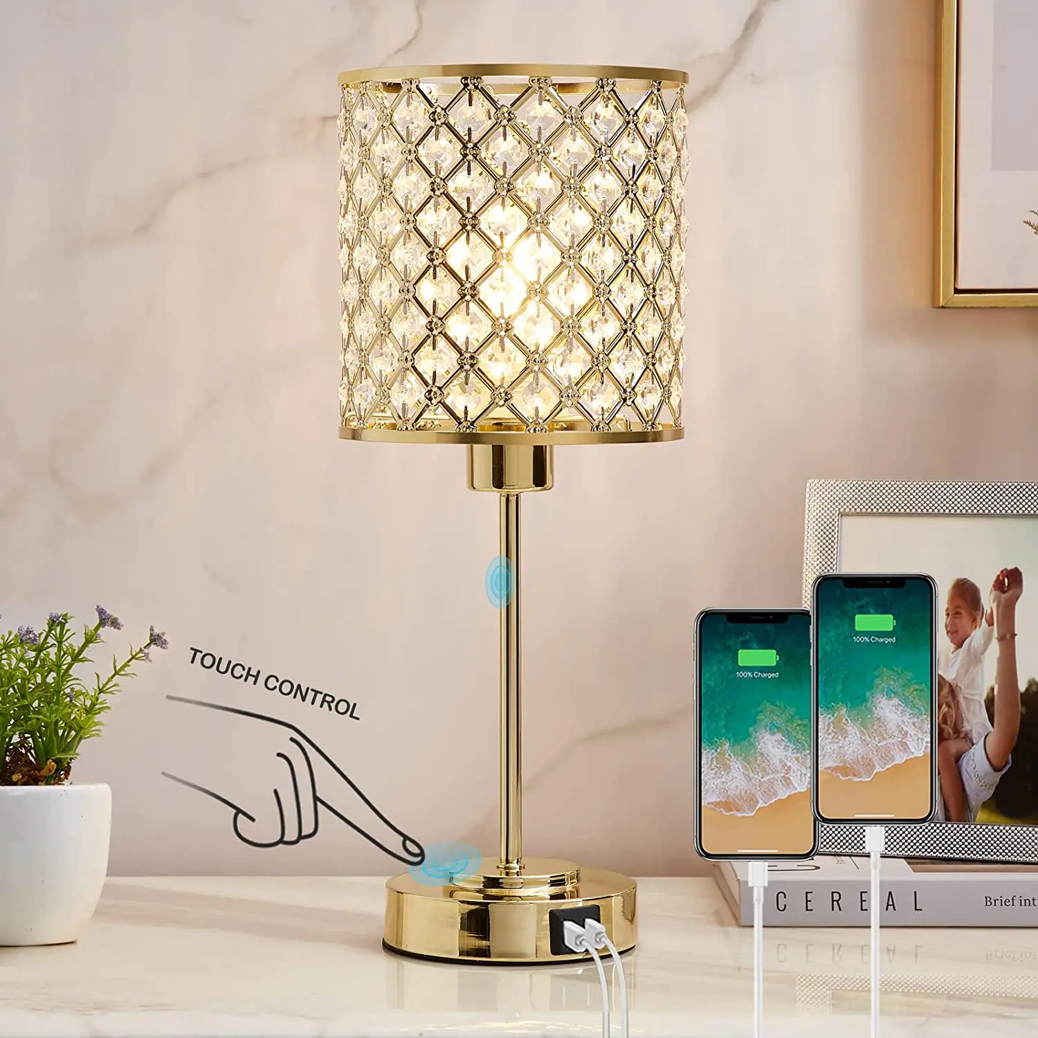 Gold Crystal Dimmable Touch Control Table Lamp With USB Charging Ports