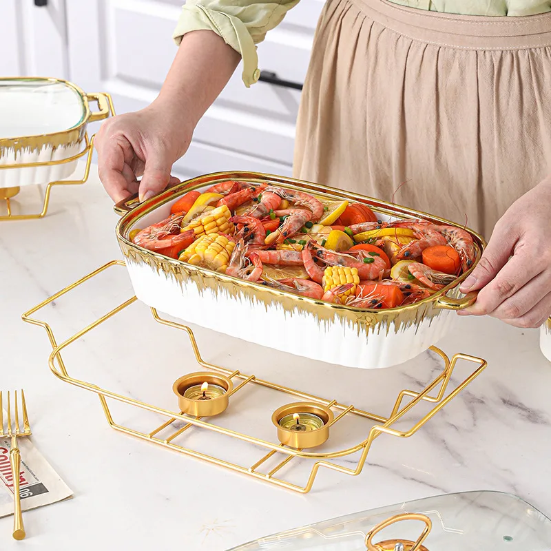 Luxury Gold Ceramic Food Warmer Buffet Serving Dish Soup Pot Candle Chafing Dish Buffet Set