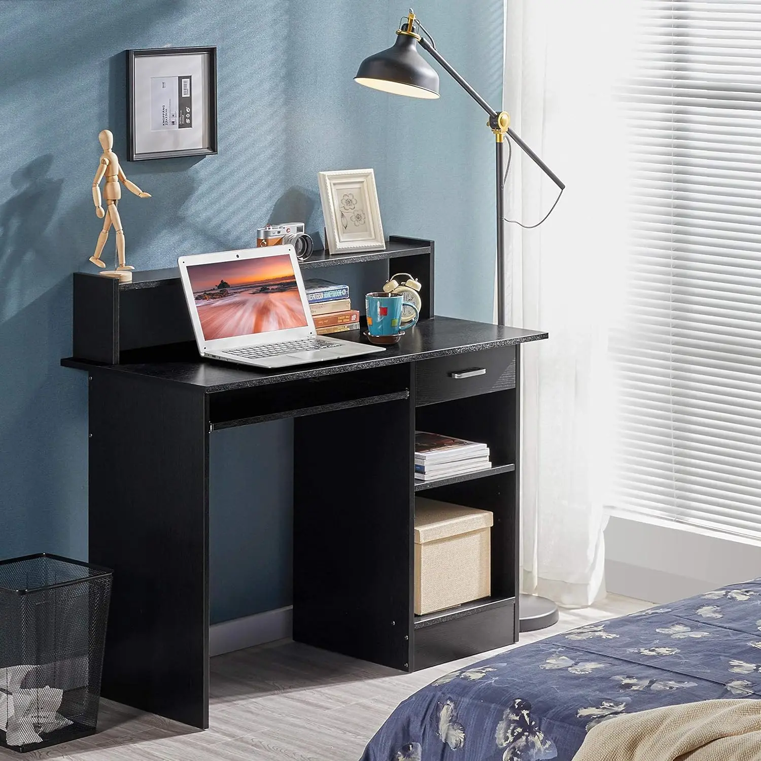 Black Computer Desk with Drawers Storage Shelf Keyboard Tray - Home Office Laptop Desktop Table for Small Spaces