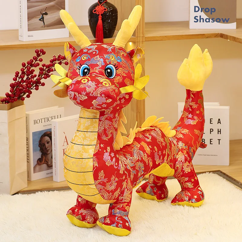 HL 2024 New Cartoon Zodiac Dragon Year Mascot Red Chinese Dragon Plush Toy Soft Stuffed Anime Animal Dragon Doll New Years Gift