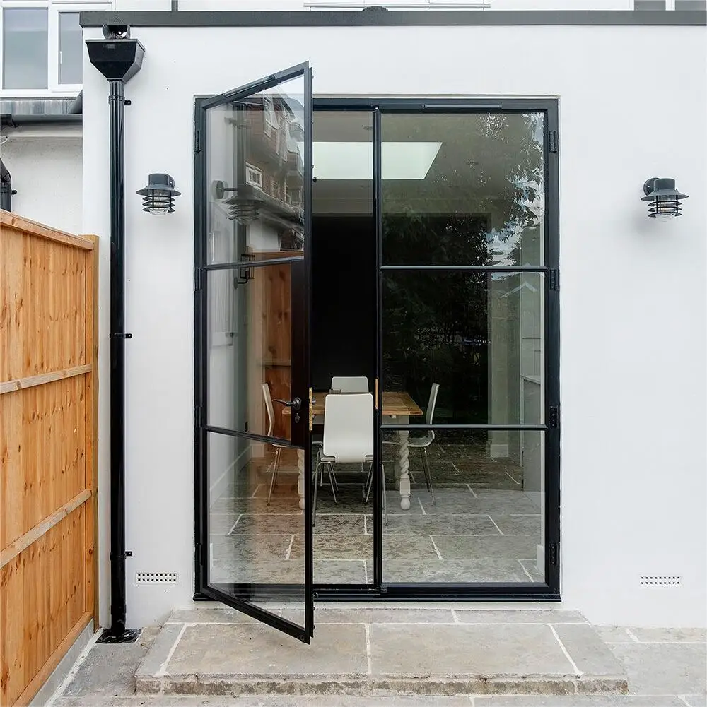 Residential Main Iron Glass Door Black Frame with Tempered Glass Various Customized Size