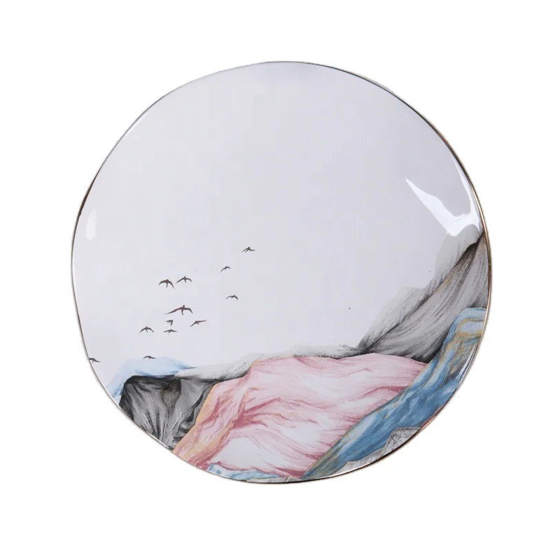 Unique Design Decal Ceramic Deep Dish Plate Plate Dinnerware With Wave Edge