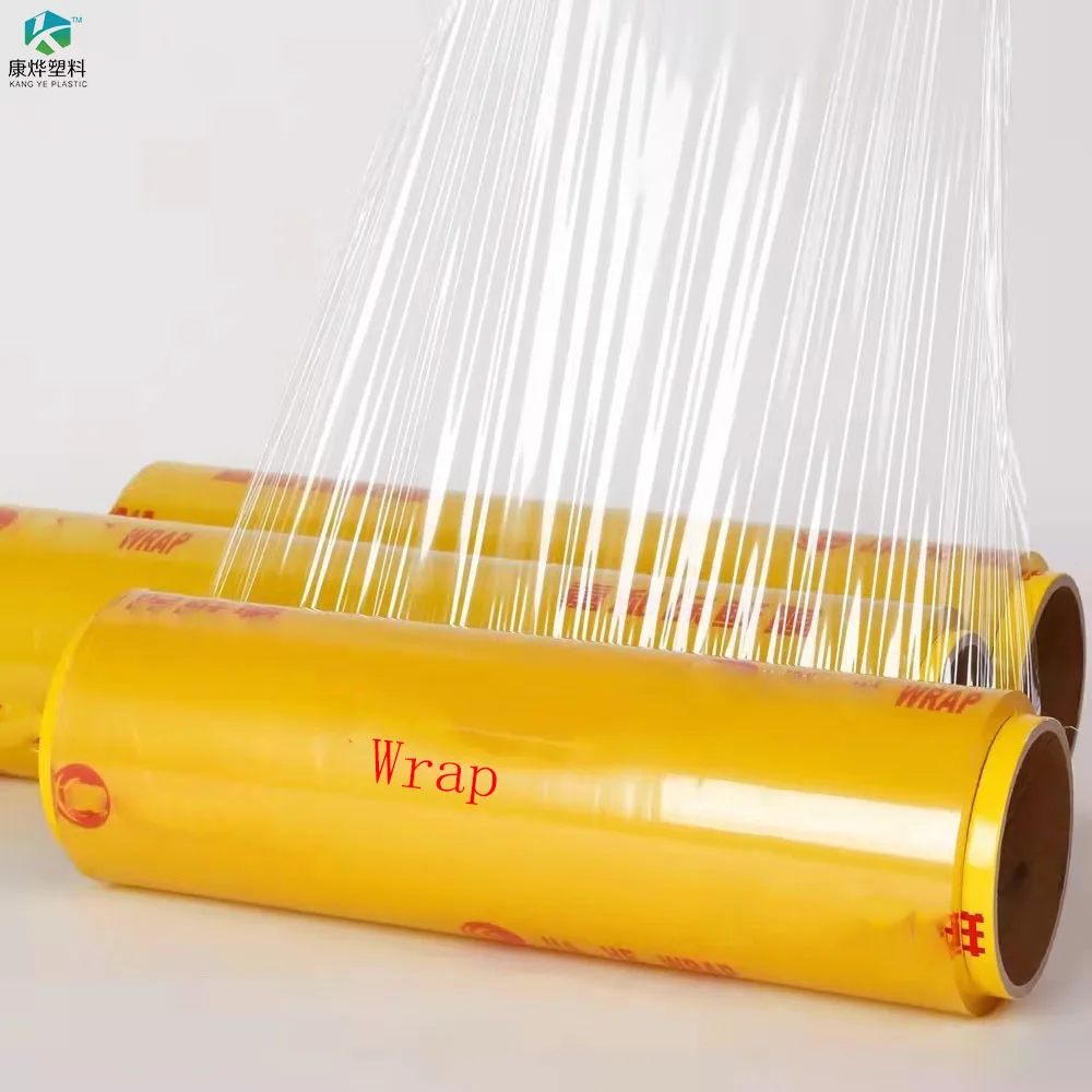 Pelicula protectora de alimentos de PVC, precio de fabrica, envasado de alimentos para supermercado, espesor 9/10/11microns