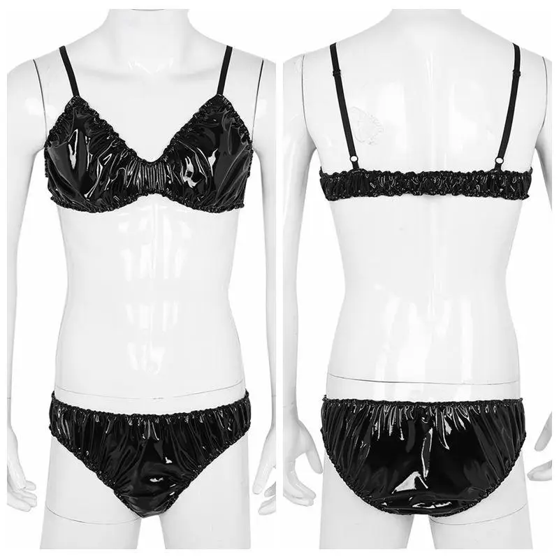 Низкая цена блестящий ПВХ гофрированный Бюстгальтер топ с трусиками Crossdress нижнее белье комплект бикини для