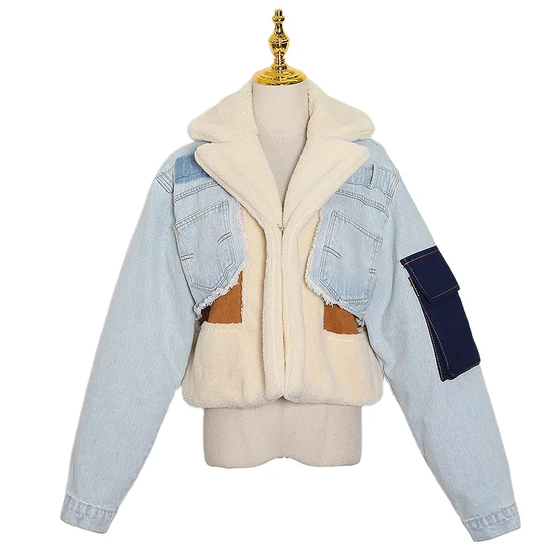 Wholesale Women Thick Warm Fur Denim Jeans Jacket Winter Wear Lamb Wool Terry Fur Womens Teddy Bear Coat Jean Jacket With Fur