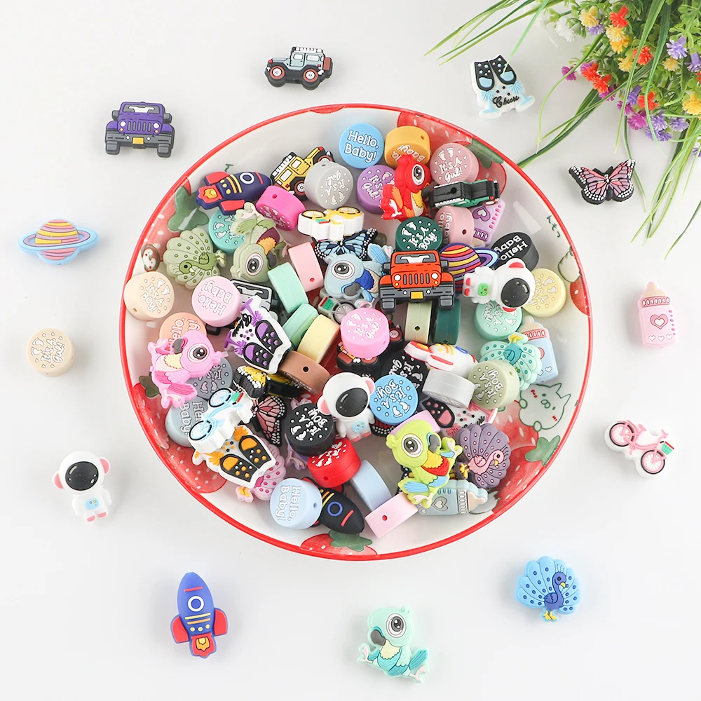 Wholesale Cartoon silicone Round Silicone Beads BPA Free Food Grade DIY Baby Pacifier Chain Jewelry Silicone focal  Beads making