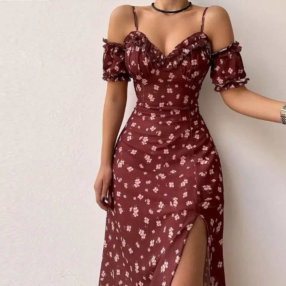 HIgh Quality Summer Print Slit Woman Dress Irregular Off Shoulder Evening Lady Dress