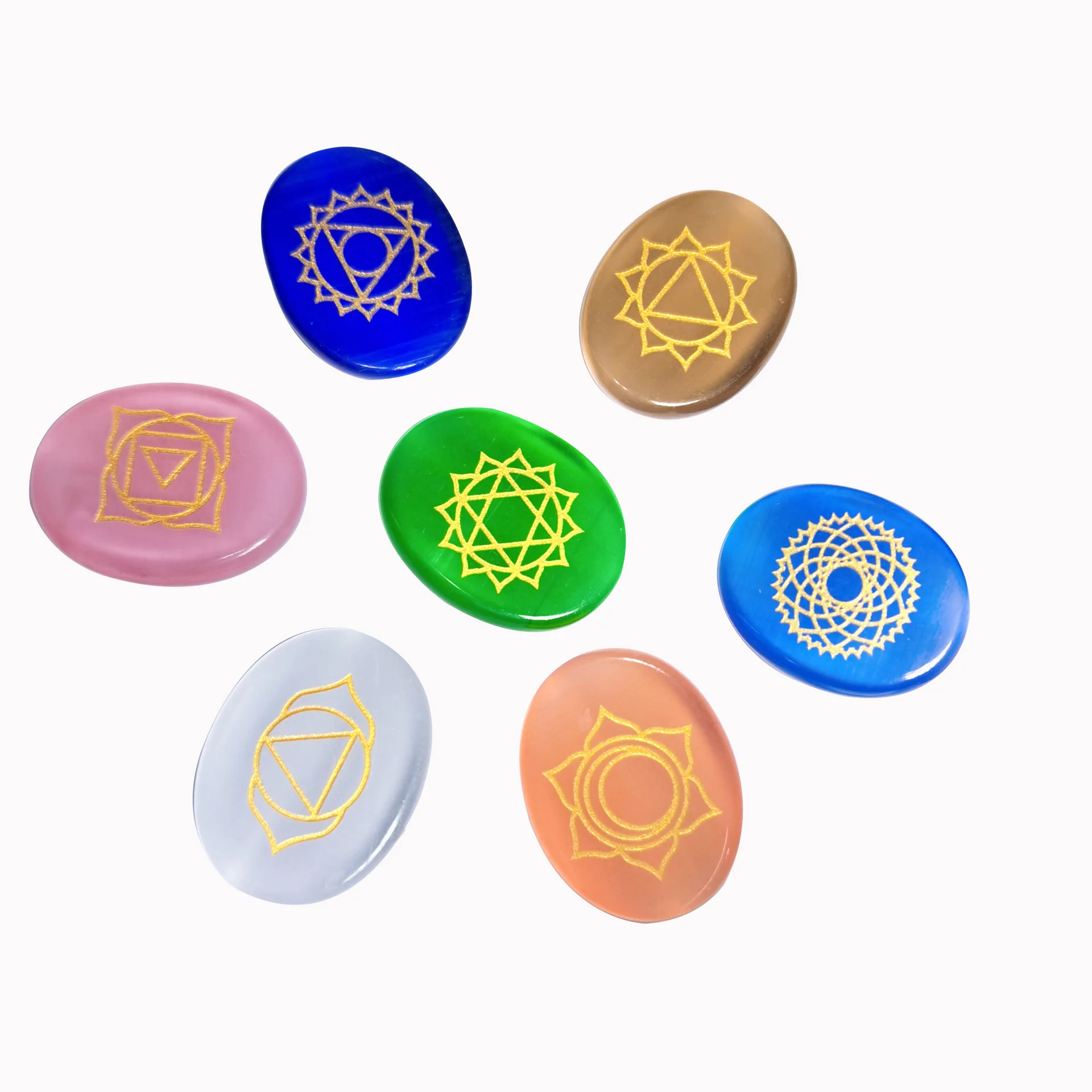 Colorful Cat Eye Stone Natural Crystal 7 Chakra Stone Kit Crystal Engraving Reiki Symbol Energy Yoga Healing Stone Wholesale