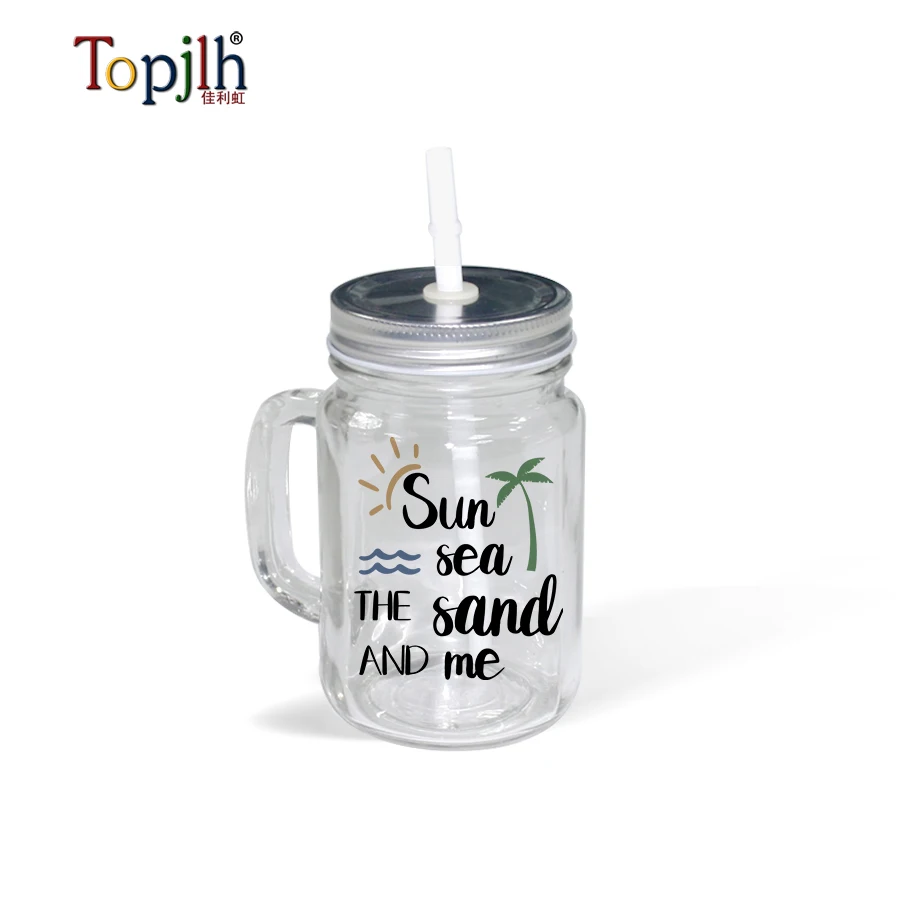 Factory wholesale 430ml smooth surface clear Glass Mason Jars transparent coated crystal mason glasses with hand grip straw lids