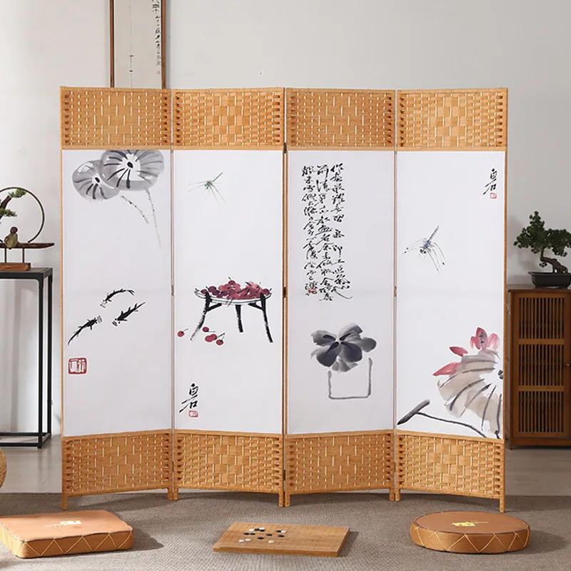 Chinese Folding Mobile Partition Wall Simple Modern fabric Rattan canvas screens & room dividers