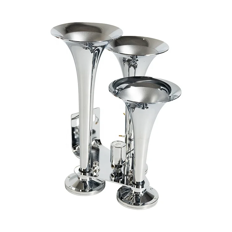 Wholesale chrome three trumpet musical truck parts air horn with 12 volt solenoid valve