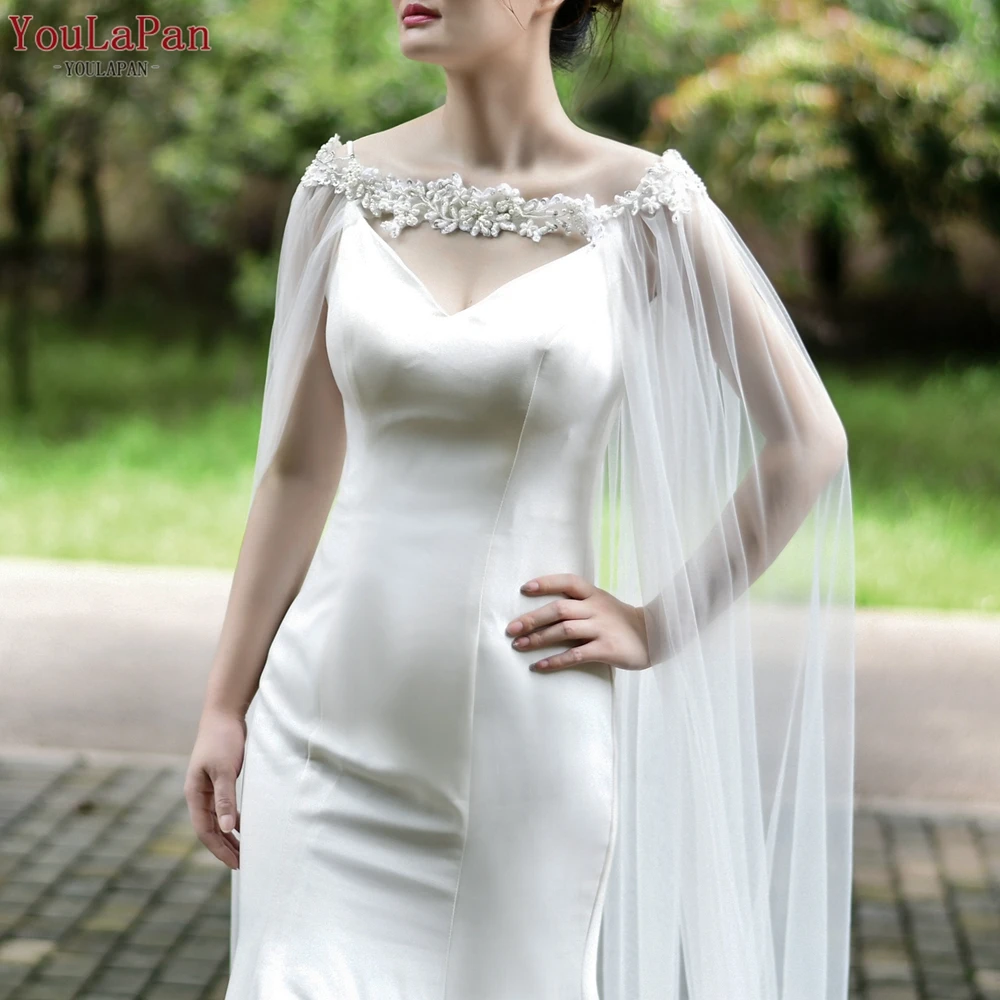 YouLaPan VG26 Long 3M Cathedral Wedding Bridal Shawl Beaded Trim Tulle Shoulder Cap Women Evening Dress Wrap Cape