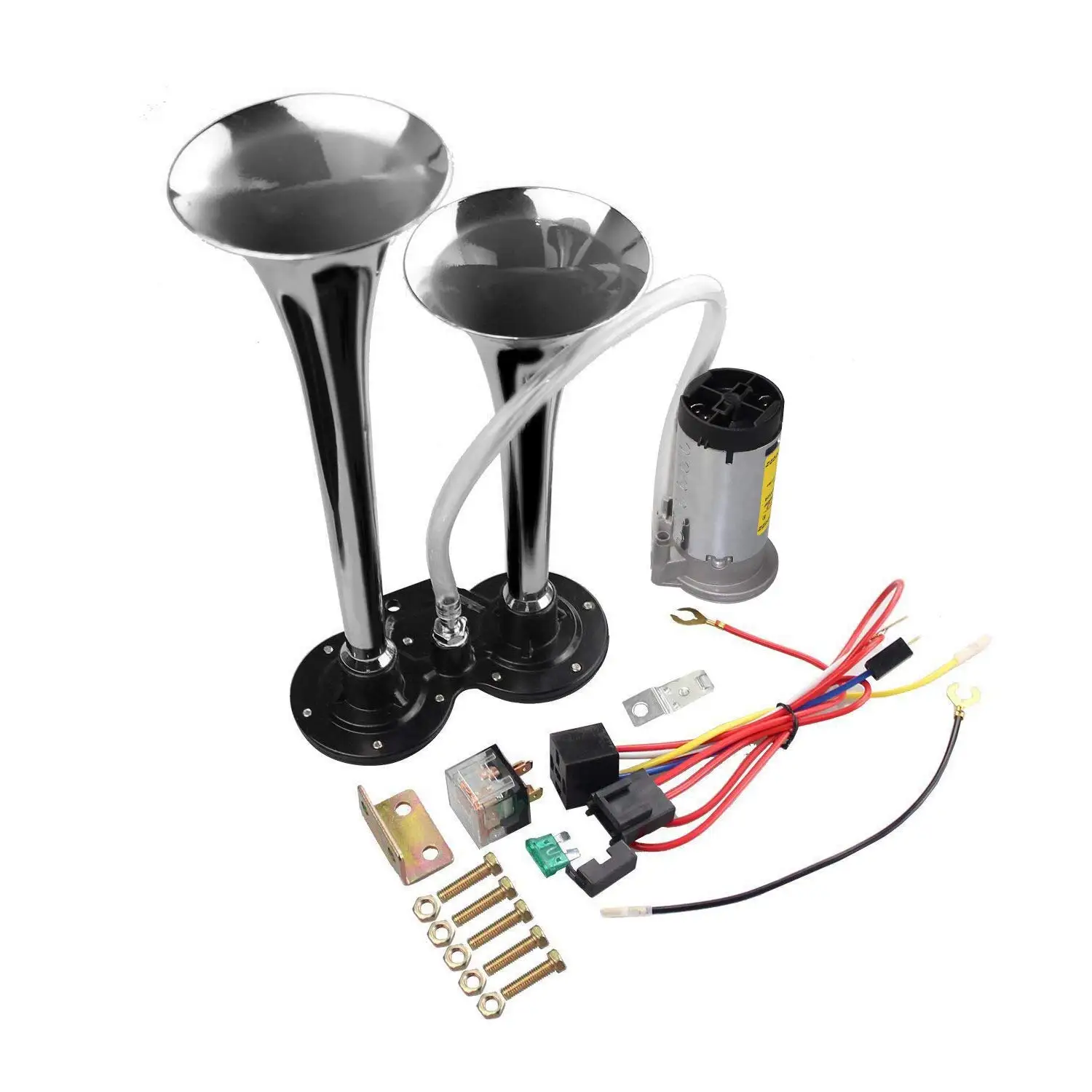 Chrome Zinc Dual Trumpet Air Horn With Compressor For Any 12V Vehicles Trucks Lorrys Trains Boats Cars Vans