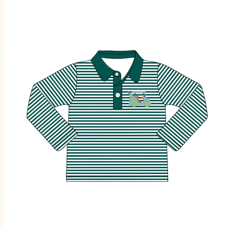 Wholesale Baby Boys Long sleeves green stripe dinosaur polo shirt Children Cotton Bamboo Smocked Embroidery Tee Shirts