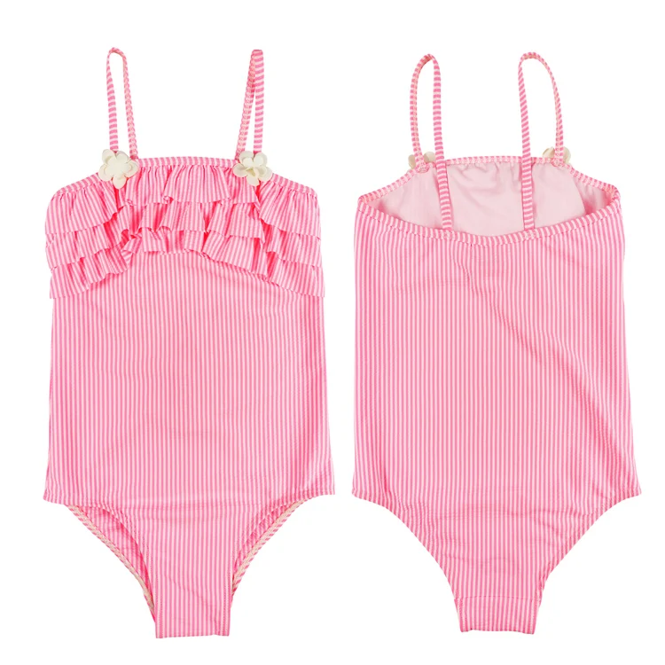 Children Swimwear New Arrival Mini Striped Bust Ruffle Kids Swimsuit Girls Pink One-piece Beach Bathing Suits