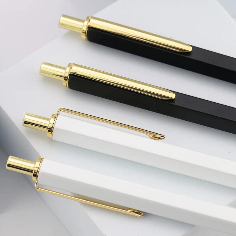Custom logo projector hexagonal click metal ball pen wholesale products office advertising logo pen with gold trims