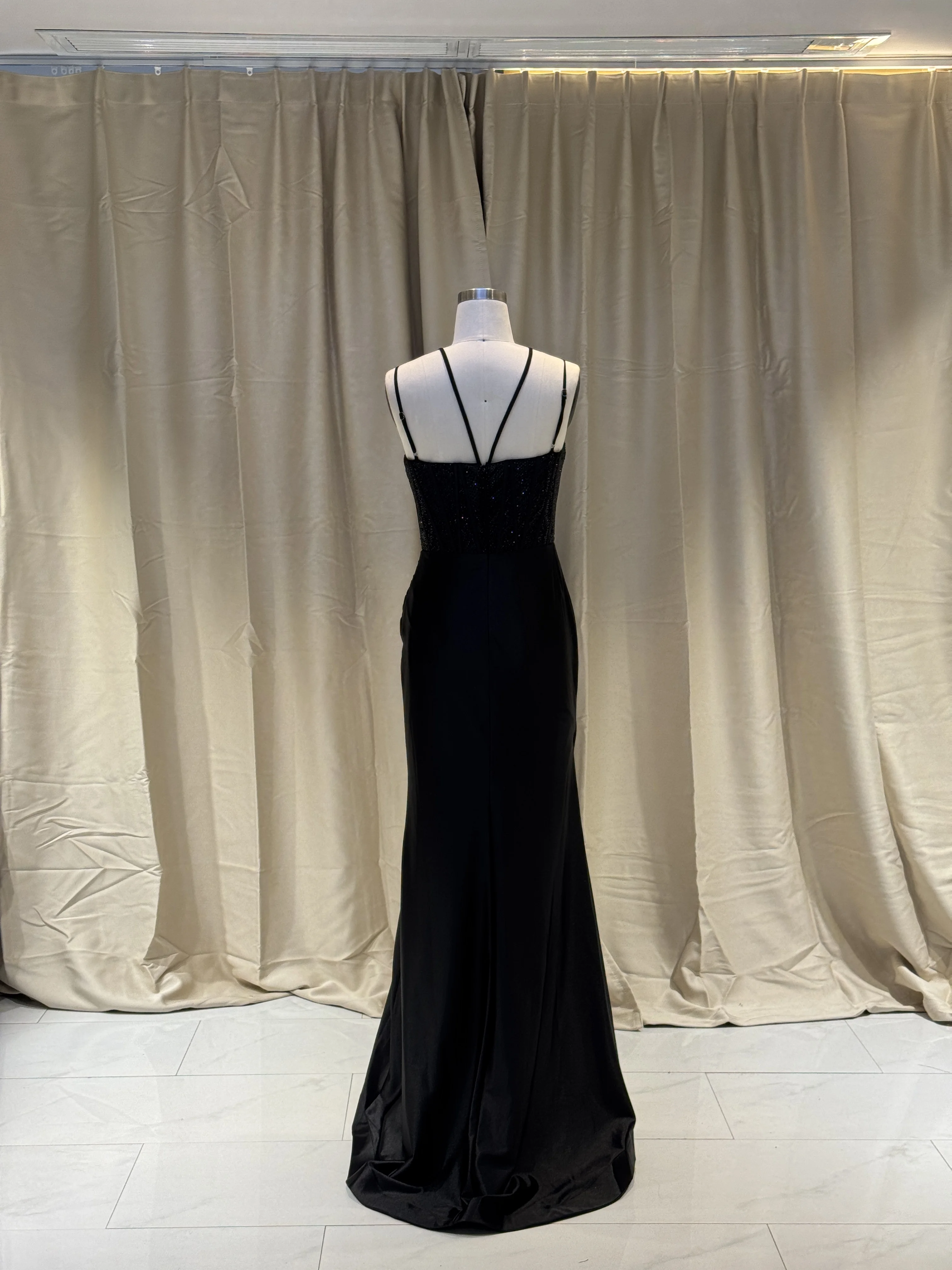 2025 Elegant Satin Mermaid Corset Side Split Evening Prom Dresses Black Beaded Long Sleeve Hand Pleated Cotton Fabric Summer