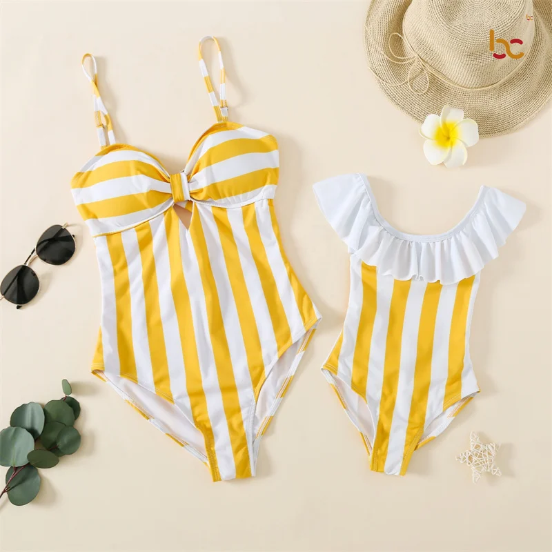 Strip Printing Custom Design Swimsuit For Kids Beachwear Children Family Matching Swimwear