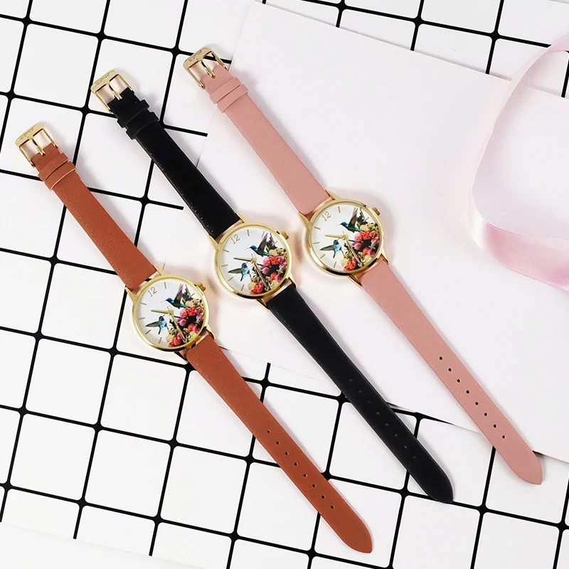 Wholesale beautiful mix colors custom printing watch dial fashion ladies dress watch leather band for girls