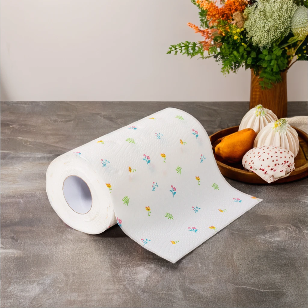 Wholesale Ultra Soft Disposable Kitchen Paper Towel Roll Custom Logo Printed Pattern 2-Ply Virgin Wood Pulp Layer