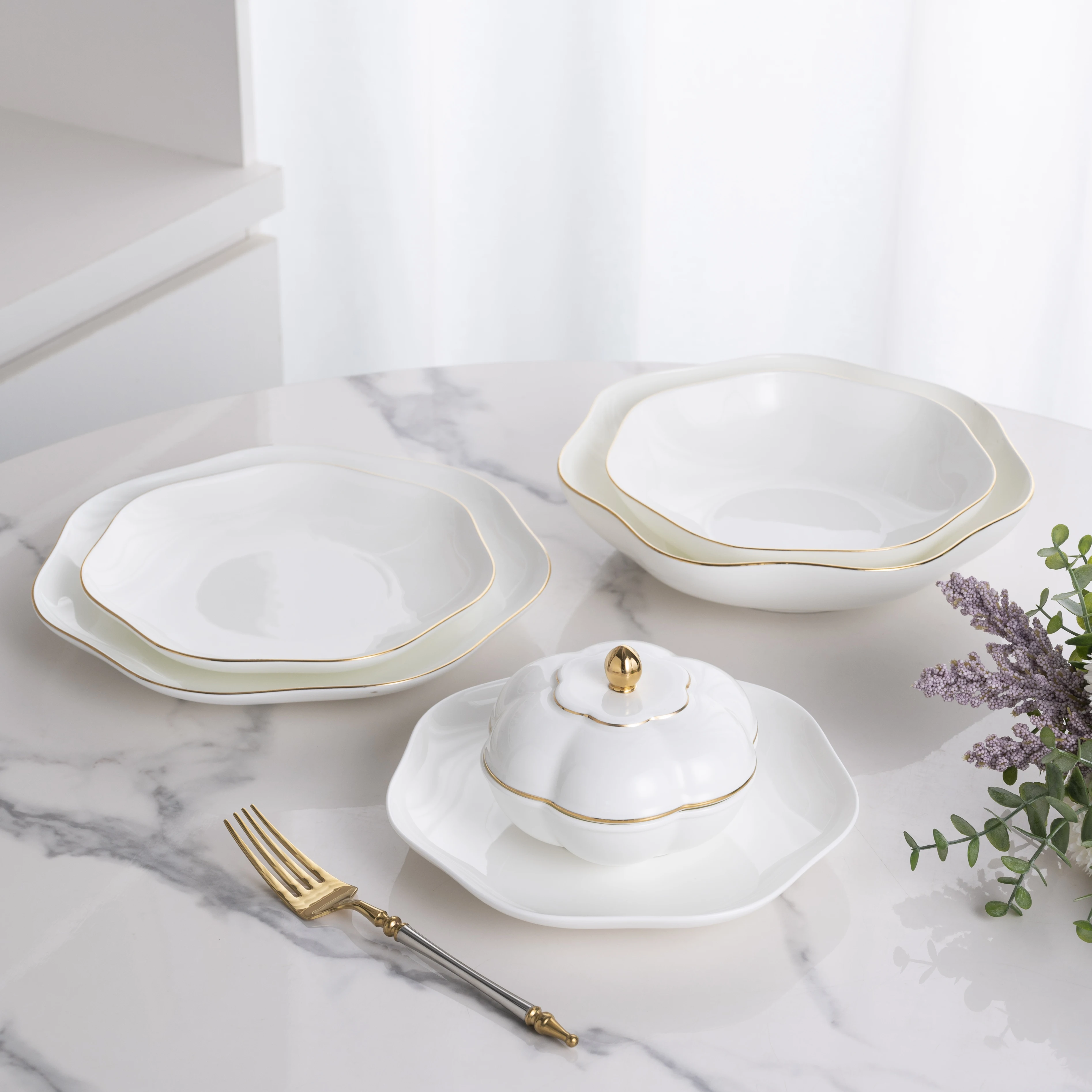 PITO Unique Ceramic White Floral Edge Cereal Bowl Dinner Rice Soup Ceramic Bowls Tableware Ceramic Cabbage Salad Cereal Bowl