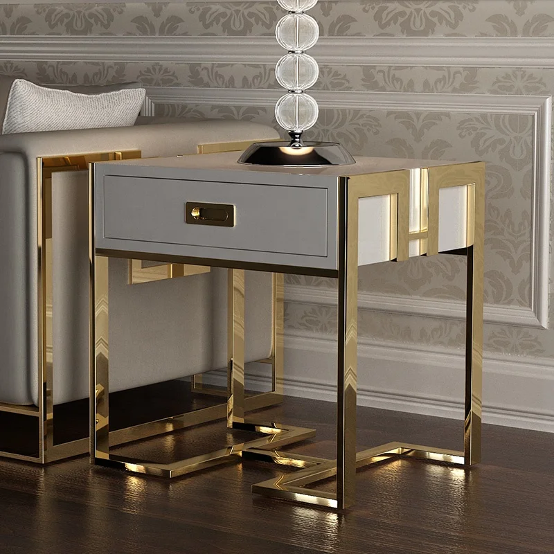 Luxury Hotel Living Room Furniture white Gold Metal Base Small White Corner Side Table