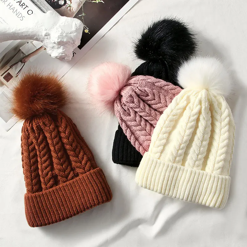 Шапки унисекс с помпоном из искусственного лисьего меха вязаные дизайнерские зимние шапки
