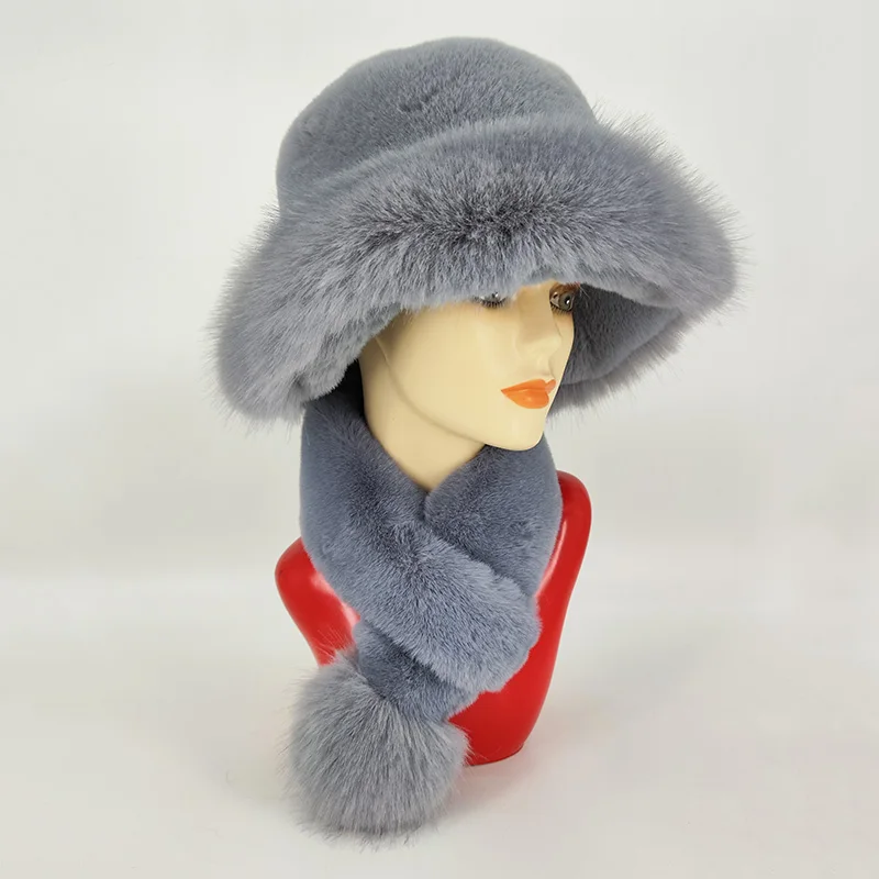 New Style Faux Fur Hat And Scarf Suit Adult Women Winter Warm Fake Rex Rabbit Fur Hat Fox Fur Ball Scarf Two-Piece Set