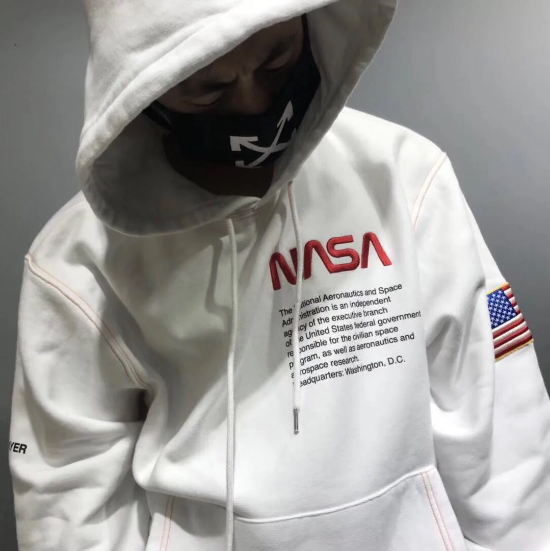 
KRKC new design New NASA popular logo outerwear for couples winter pullovers tracksuit fleece reflective hoodies for men 