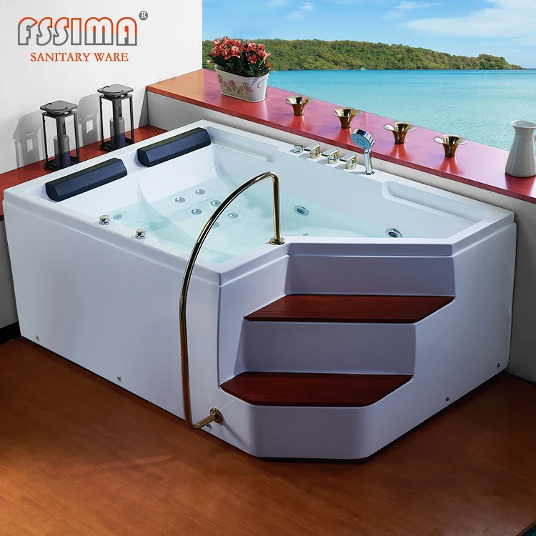 Mult-function 2 person indoor acrylic sitting spa massage corner bathtub with stairs for the elderly