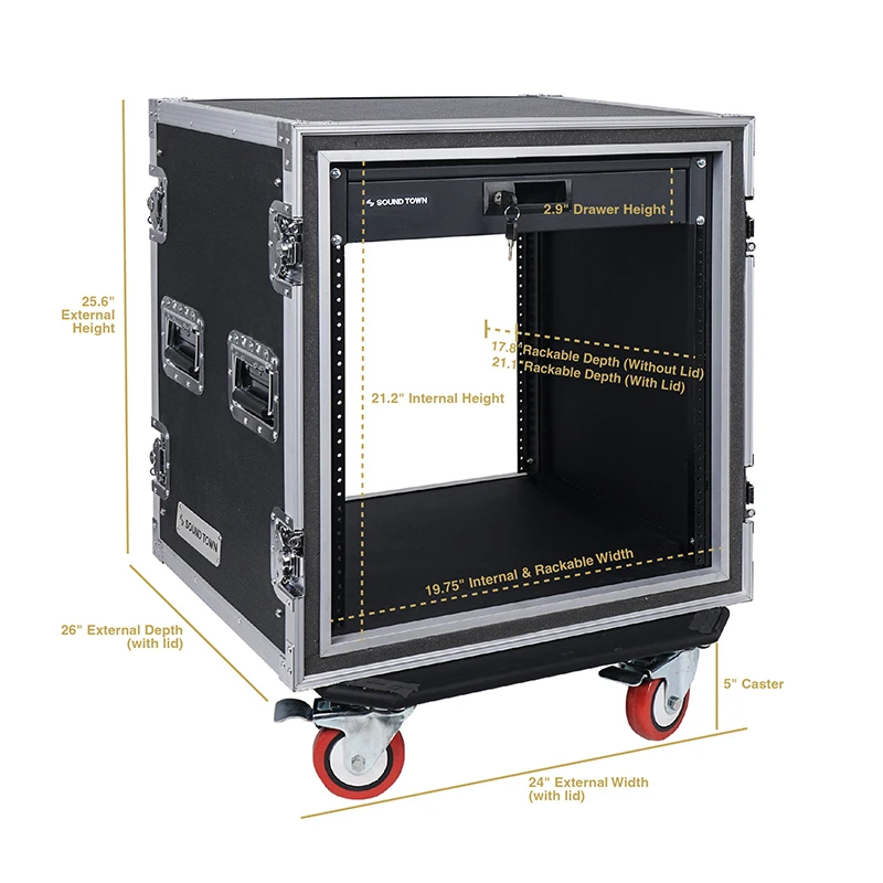 Aluminum ATA box Flight Road Transport case Shock Mount 12U ATA Rack Case With 2U Drawer