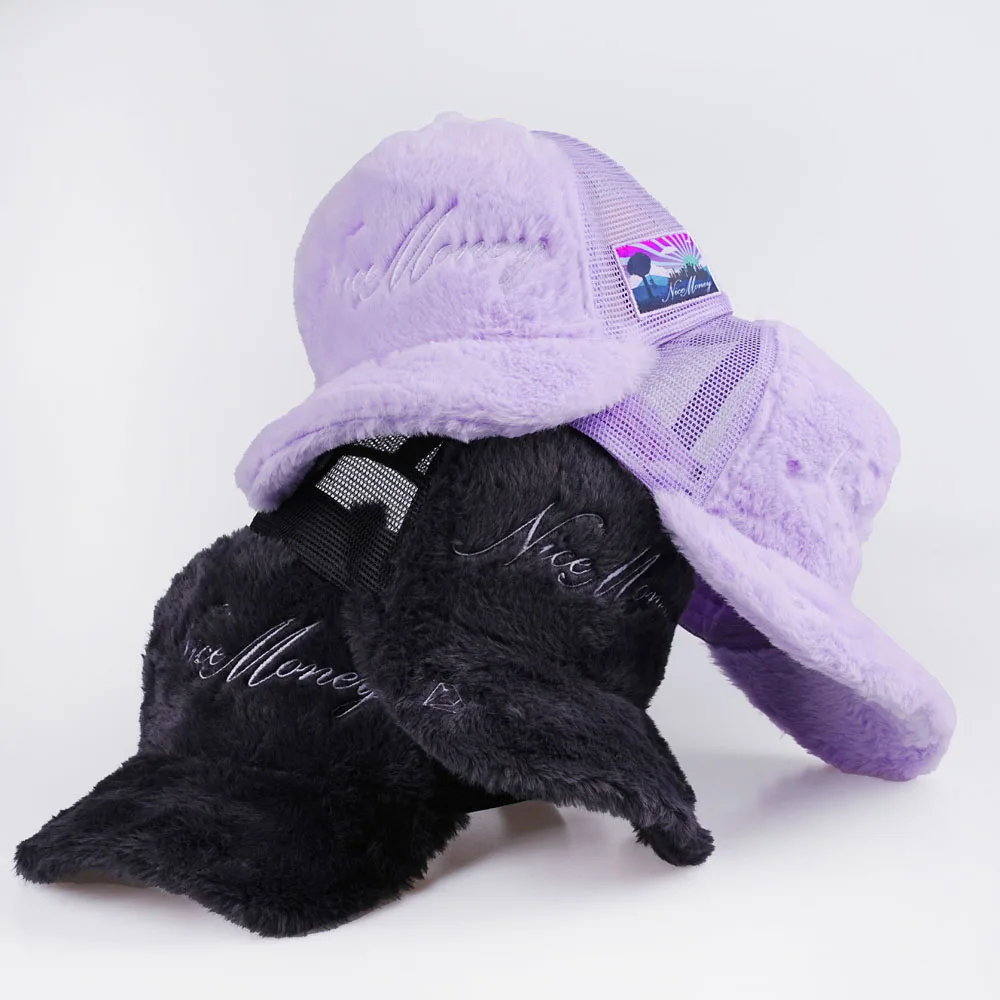 Custom Logo Faux Rabbit Fur Fuzzy 5 Panel Trucker Hat Furry Trucker Hat