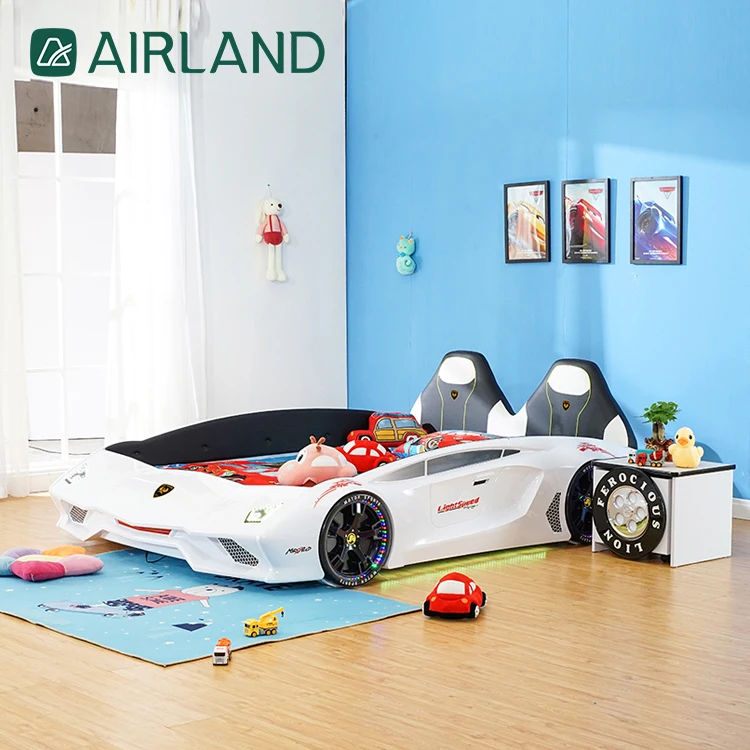 Airland Modern LED Lamp Wooden Bed Frame Bedroom Furniture Grils Boys Kids Race Cars Beds Children Full Size Car Bed